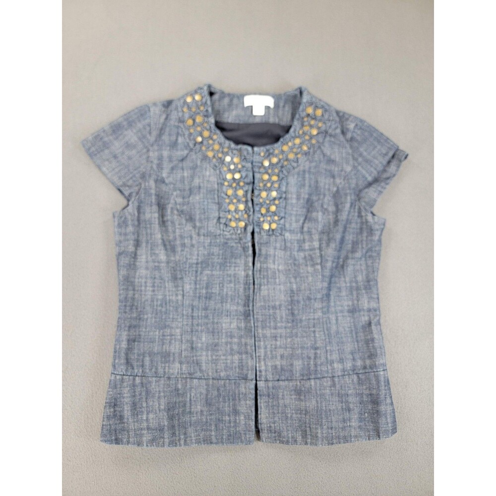 Coldwater Creek Shirt Womens 6 Blue Short Sleeve Embellished Button Top Studded‎